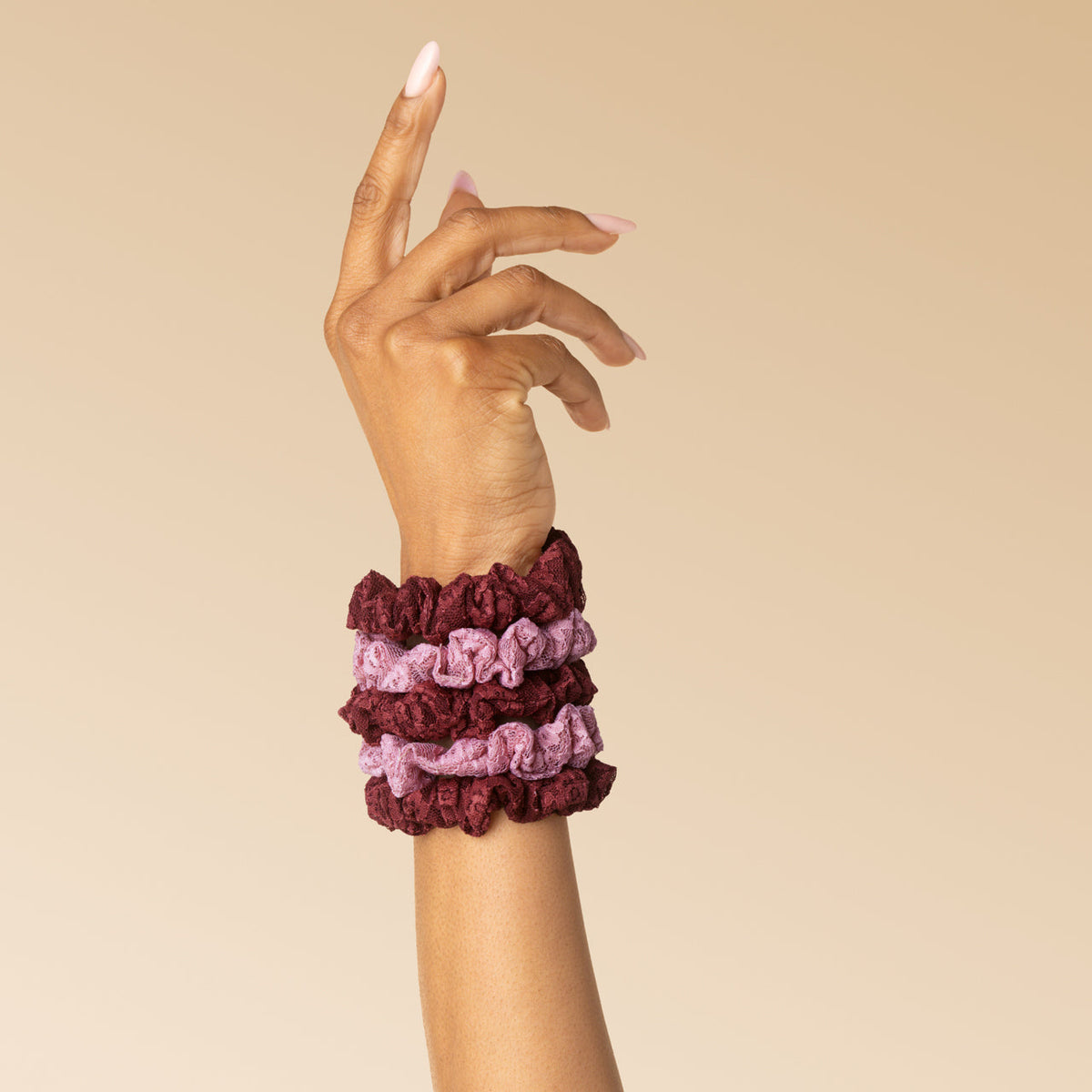 Cherry Lacquer & Dusty Pink Ruched Lace Scrunchies 5pc Set